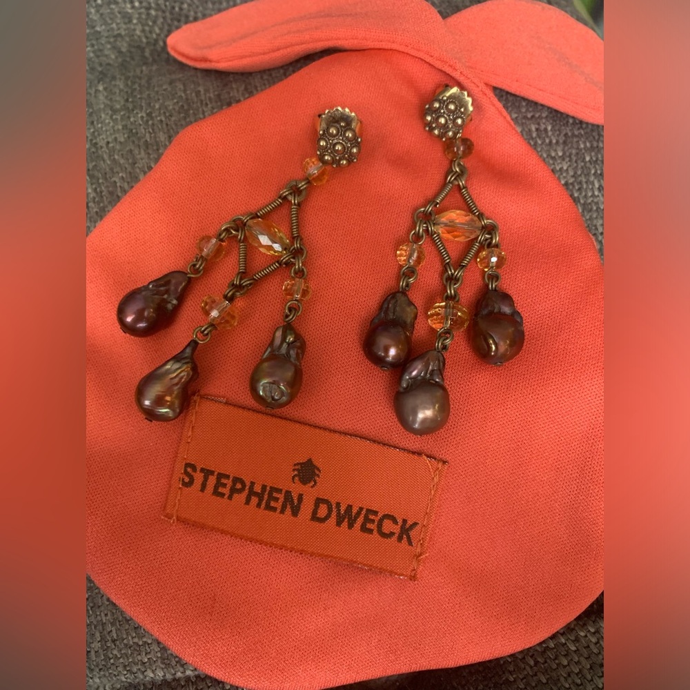 STEPHEN DWECK gorgeous bronze tone chandelier earrings baroque pearls & crystals